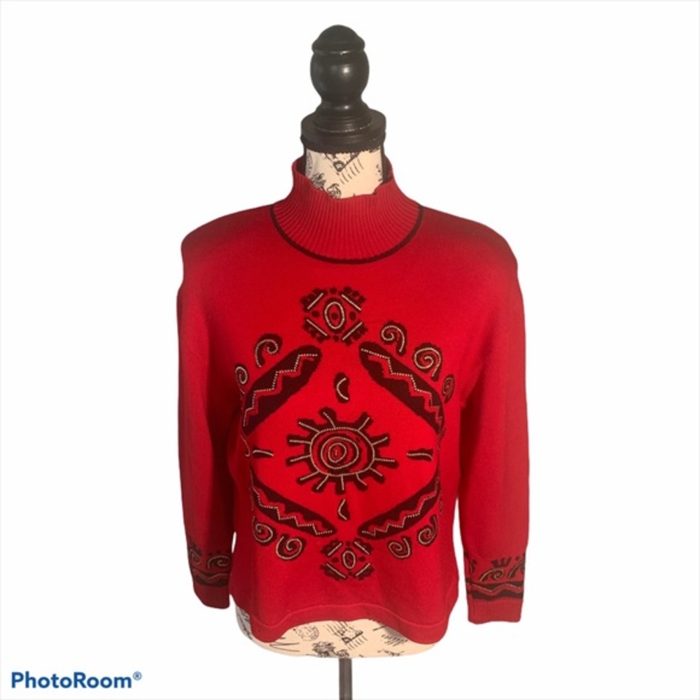 St John Collection Red/Black Southwestern Sweater
